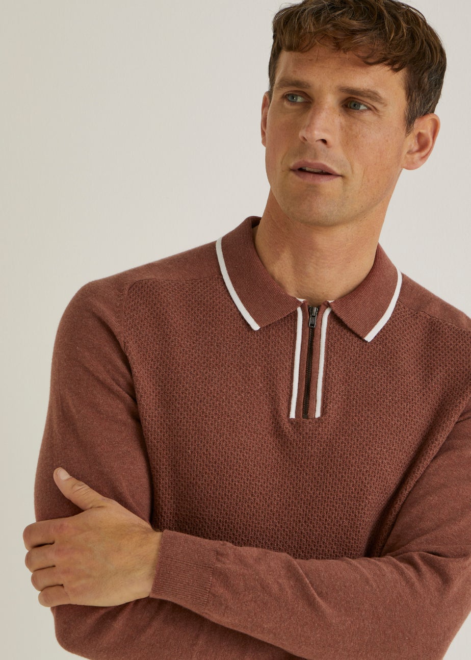 Orange Tipped Quarter Zip Long Sleeve Polo Shirt