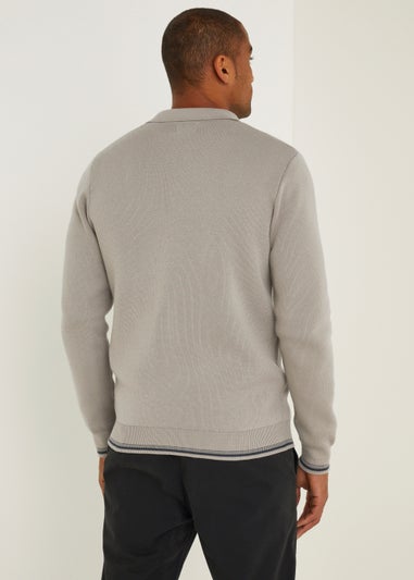 Stone & Navy Trim Zip Collar Cardigan