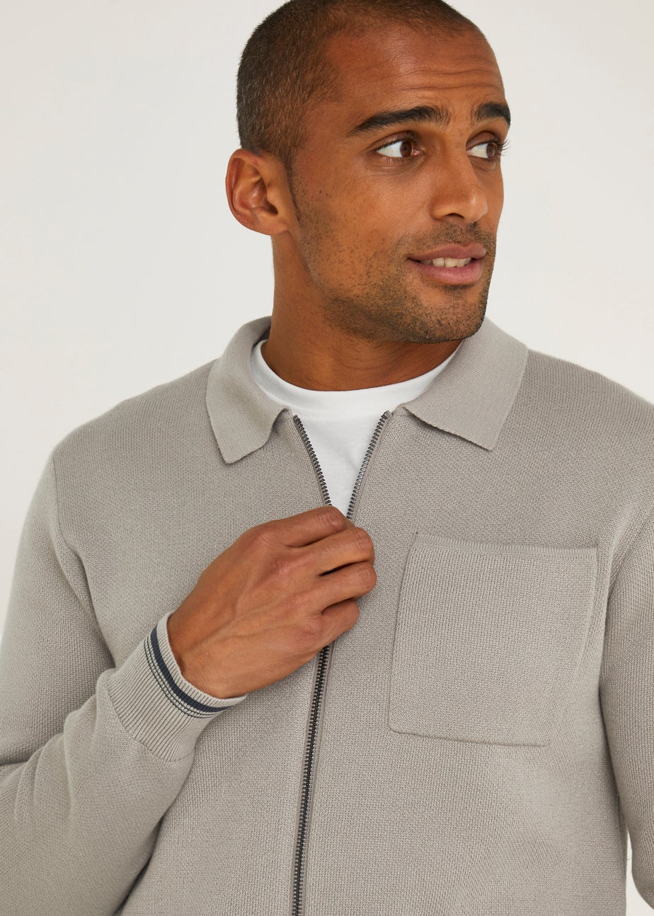 Stone & Navy Trim Zip Collar Cardigan