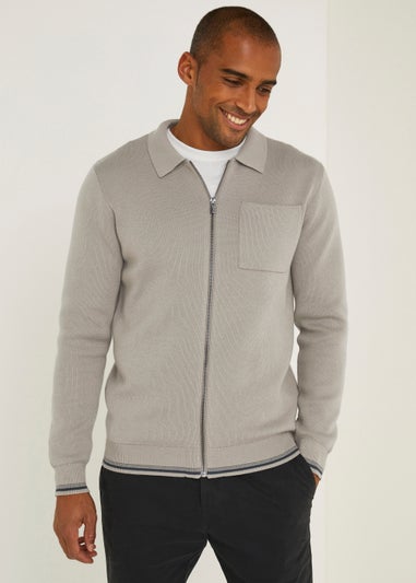 Stone & Navy Trim Zip Collar Cardigan