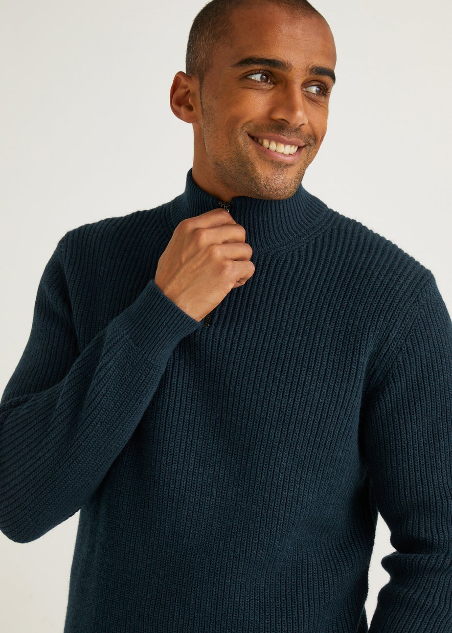 Navy Quarter Zip Ribbed Jumper