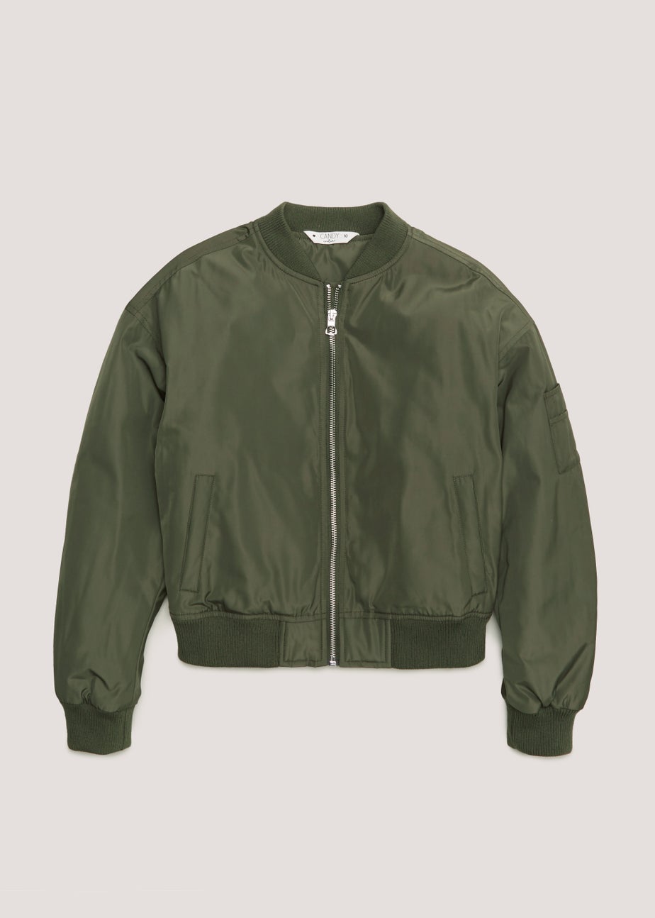 Girls Candy Couture Khaki Ruched Sleeve Bomber Jacket (9-16yrs)