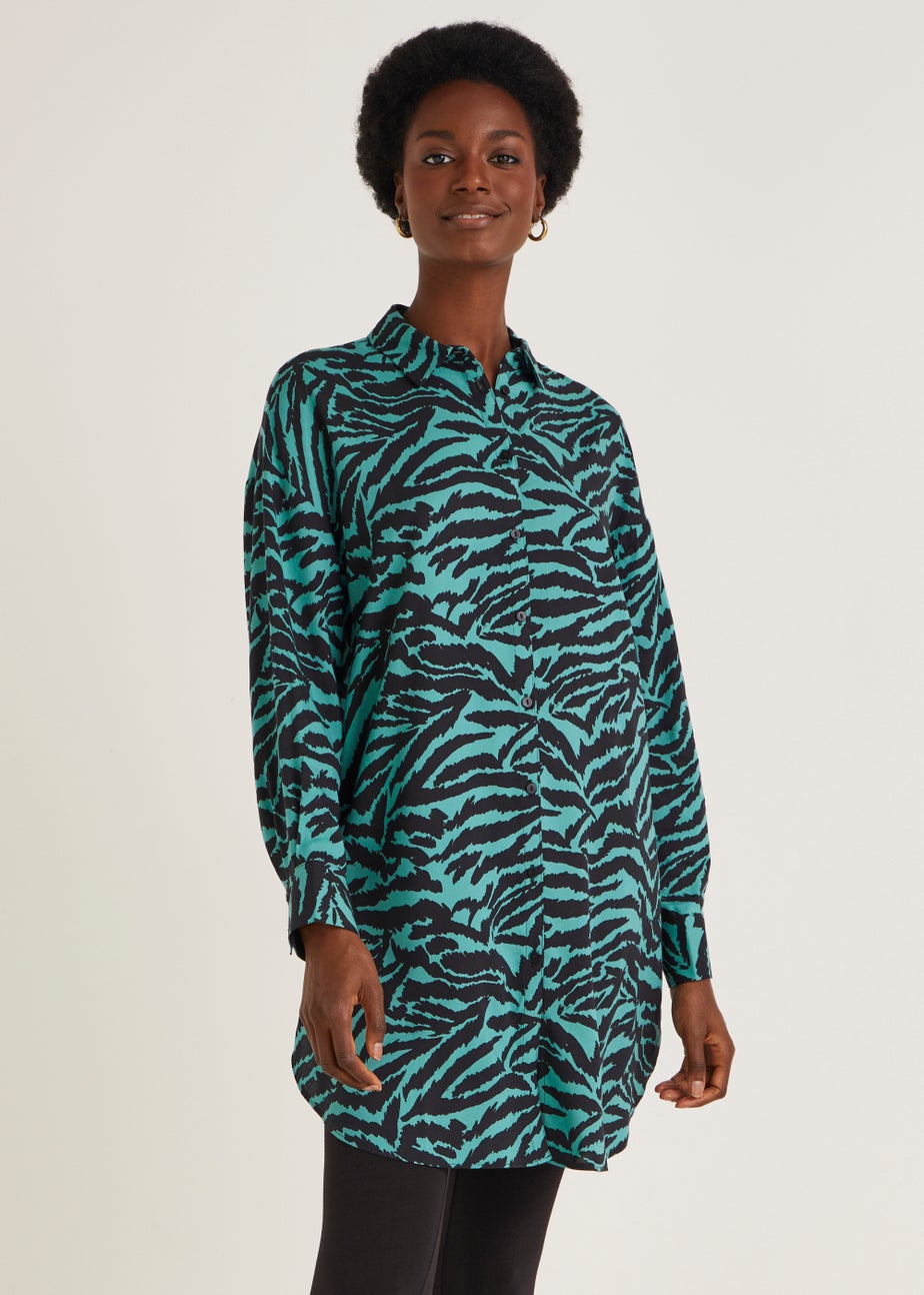 Blue Animal Print Longline Long Sleeve Shirt