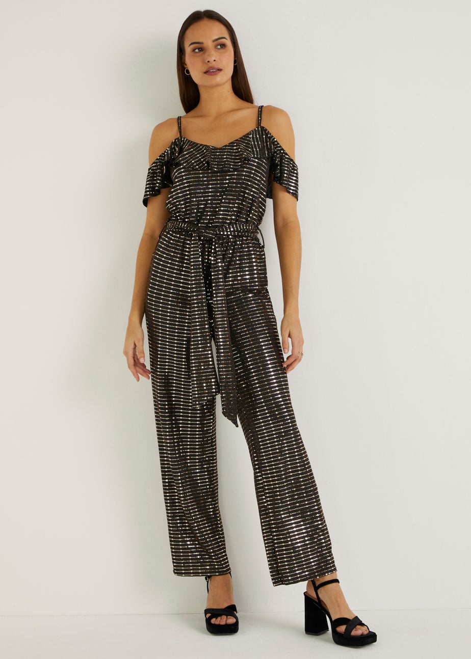 Et Vous Gold Sequin Cold Shoulder Jumpsuit