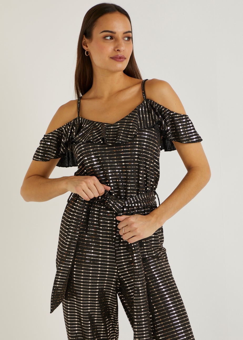 Et Vous Gold Sequin Cold Shoulder Jumpsuit