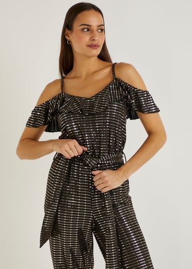 Et Vous Gold Sequin Cold Shoulder Jumpsuit