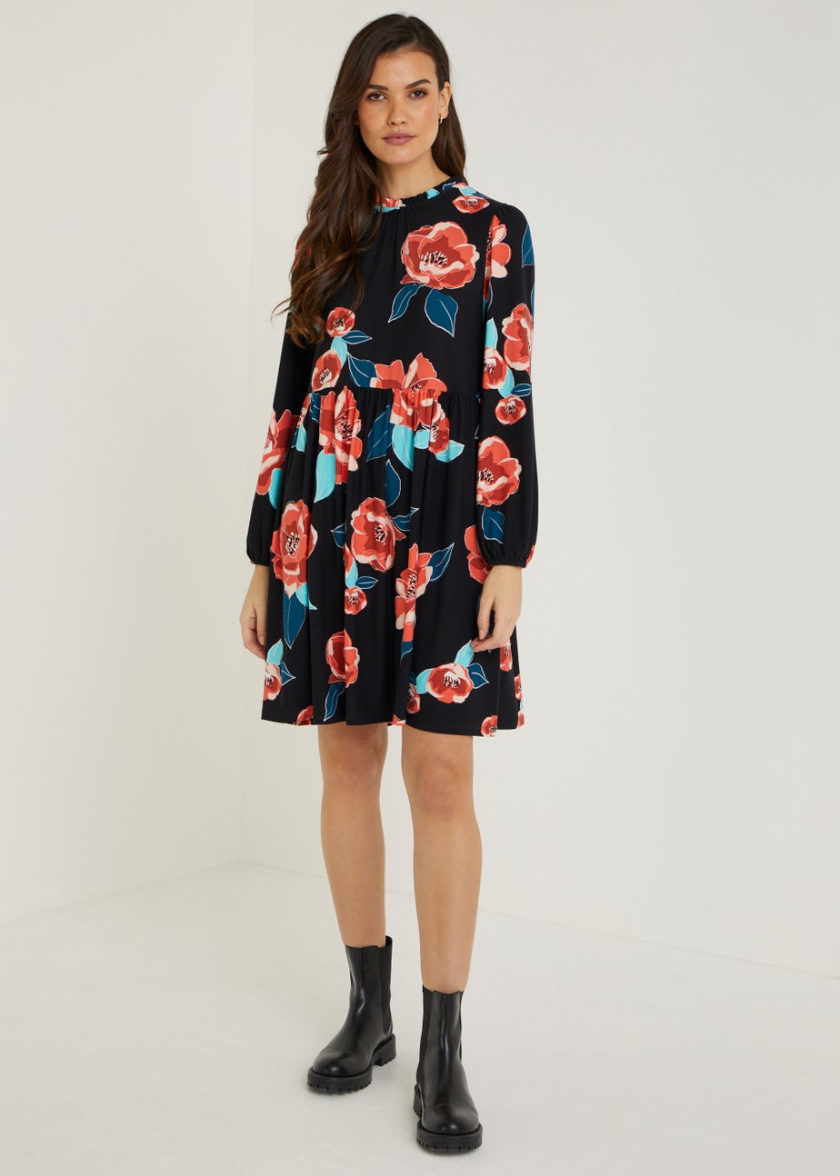Black Floral High Neck Dress