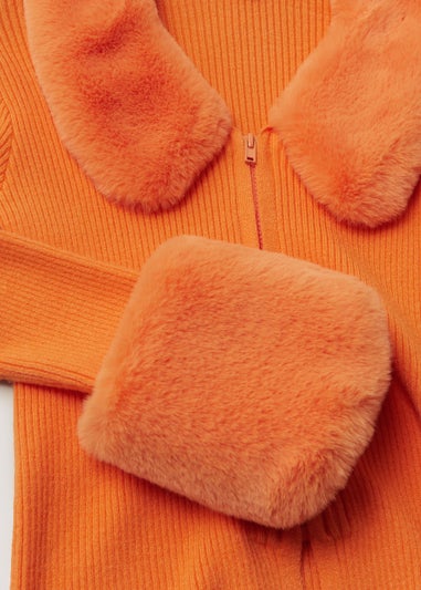 Girls Candy Couture Orange Faux Fur Trim Cardigan (9-16yrs)