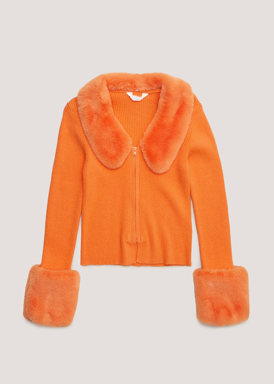 Girls Candy Couture Orange Faux Fur Trim Cardigan (9-16yrs)