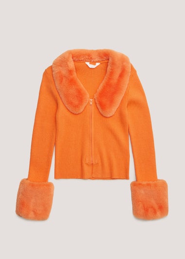 Girls Candy Couture Orange Faux Fur Trim Cardigan (9-16yrs)
