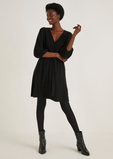 Black Ribbed Wrap Dress
