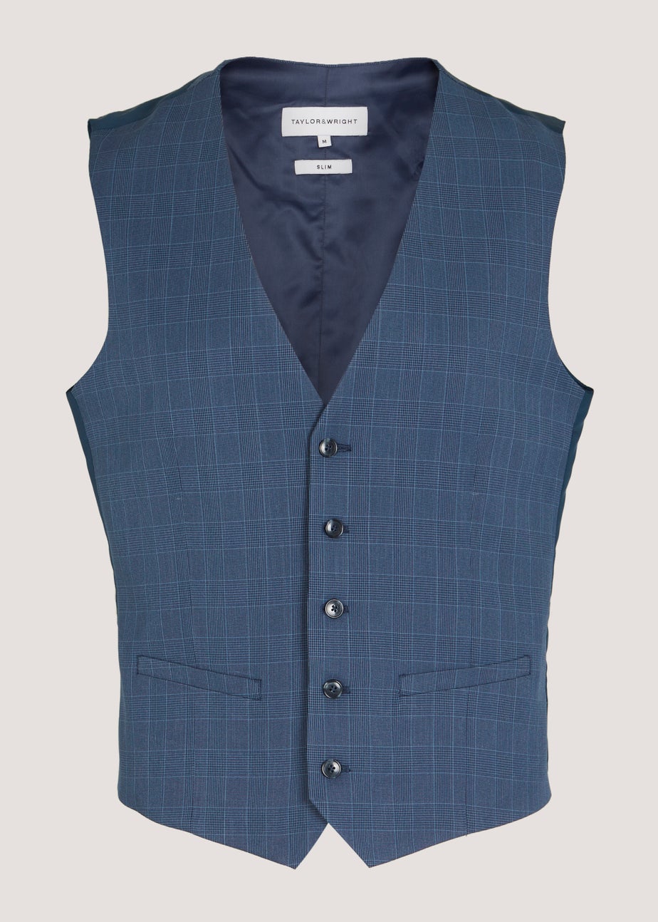 Taylor & Wright Hemsworth Blue Check Slim Fit Suit Waistcoat