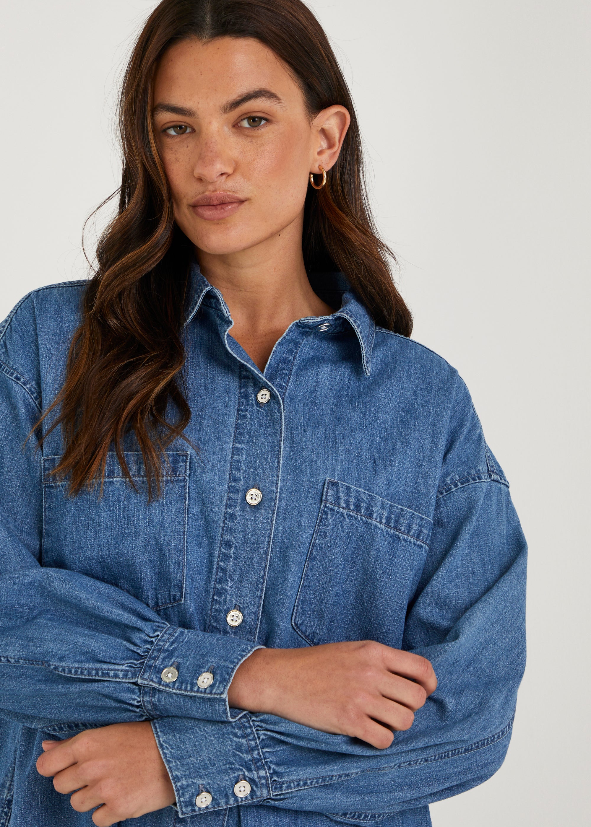 Mid Wash Denim Longline Oversized Shirt - Matalan