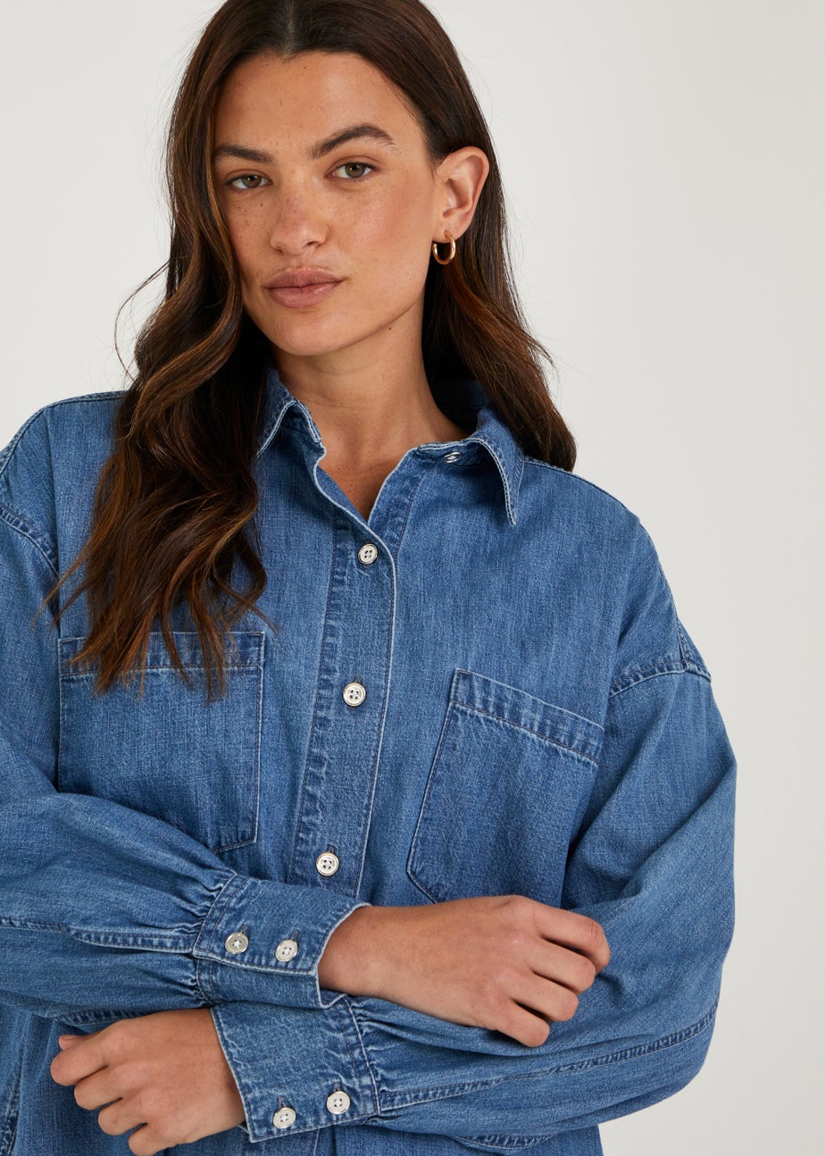 Mid Wash Denim Longline Oversized Shirt