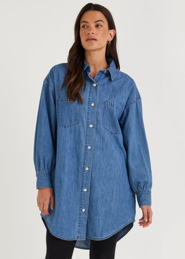Mid Wash Denim Longline Oversized Shirt