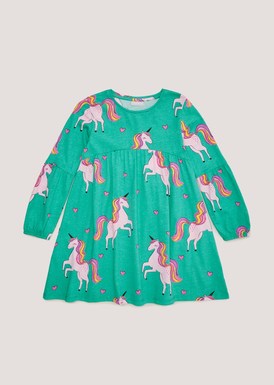 Girls Green & Pink Unicorn Long Sleeve Dress (4-13yrs)