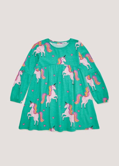 Girls Green & Pink Unicorn Long Sleeve Dress (4-13yrs)