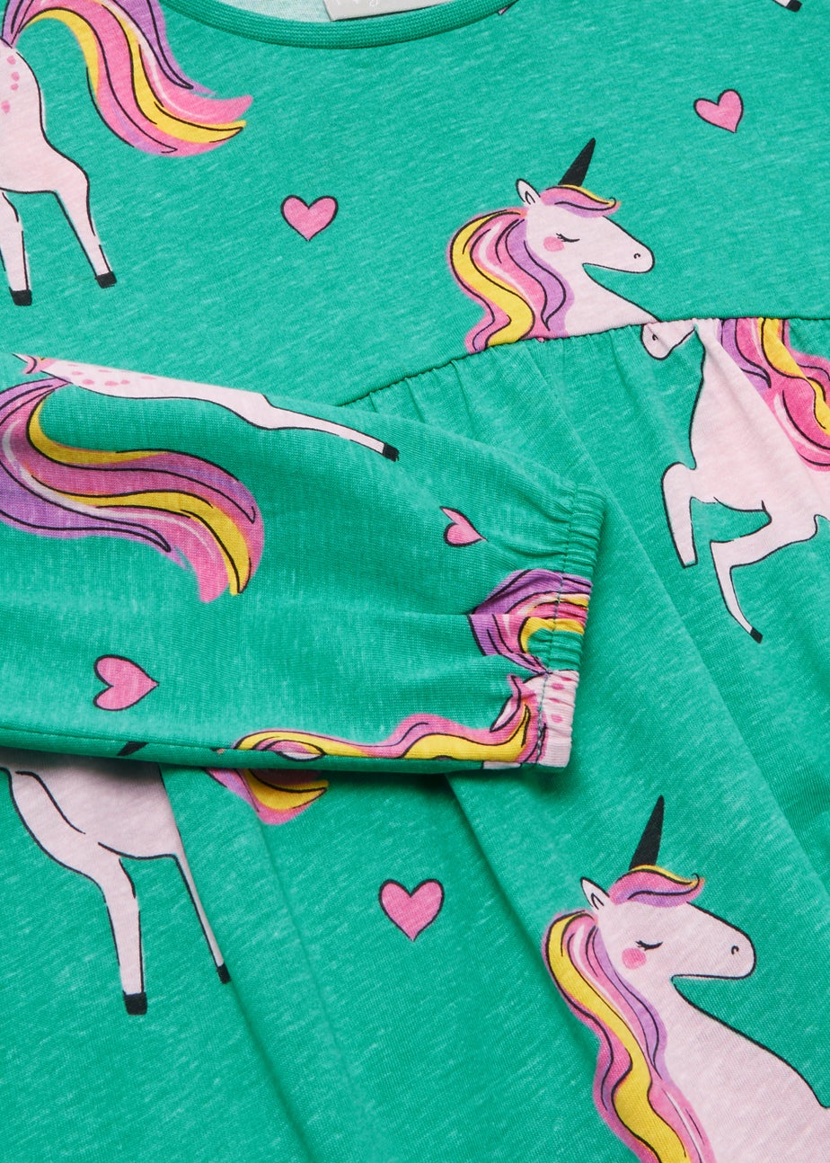 Girls Green & Pink Unicorn Long Sleeve Dress (4-13yrs)