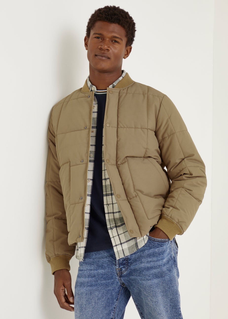 Tan Square Quilted Bomber Jacket