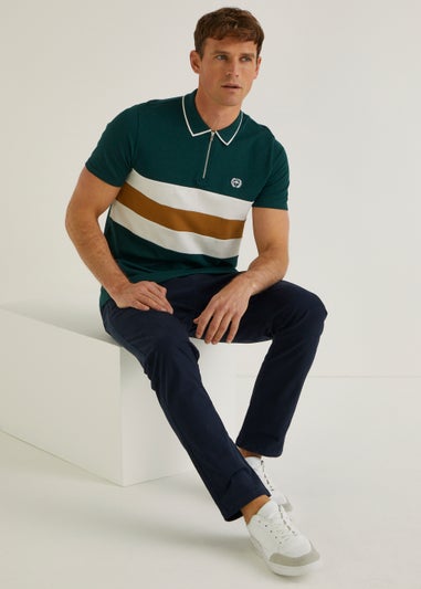 Green Colour Panel Zip Polo Shirt