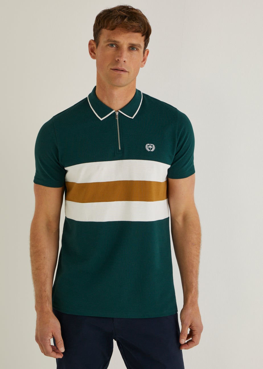 Green Colour Panel Zip Polo Shirt