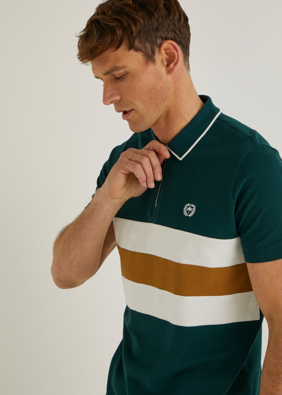 Green Colour Panel Zip Polo Shirt