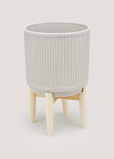 Grey Ribbed Ceramic Planter with Wood Stand (35cm x 16cm)