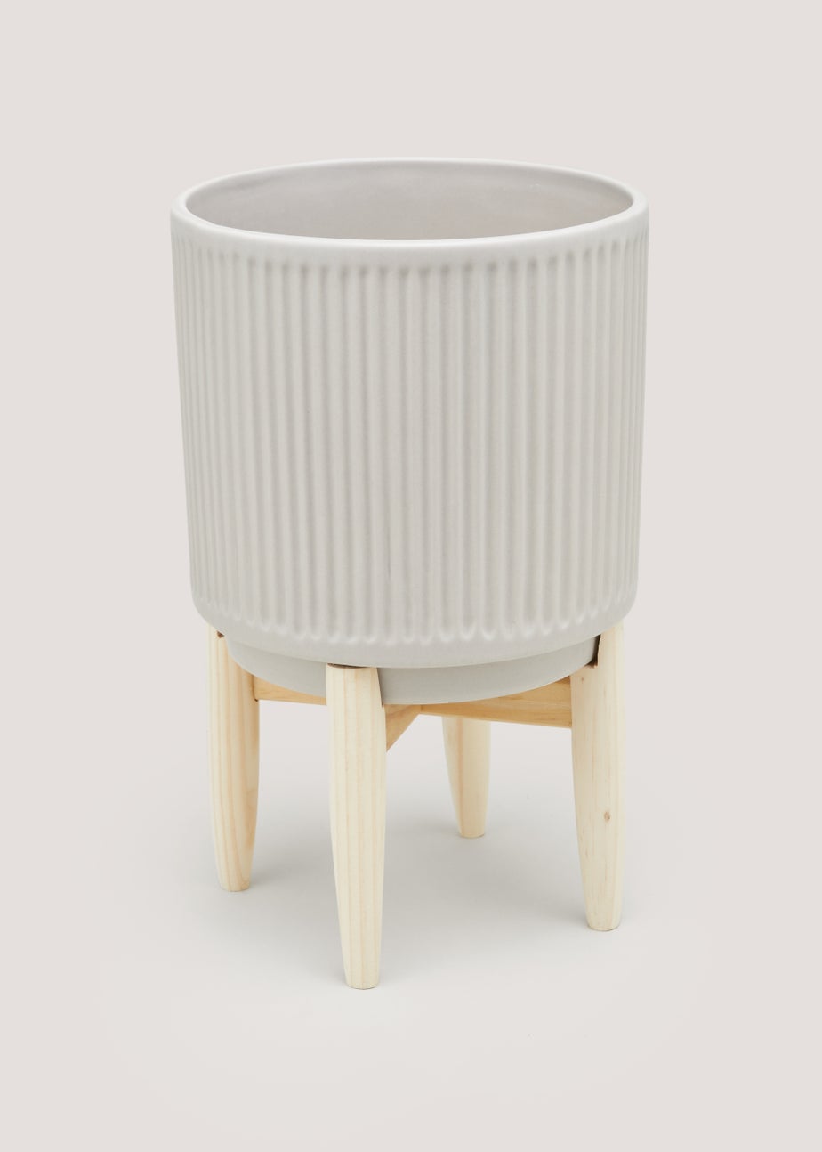 Grey Ribbed Ceramic Planter with Wood Stand (35cm x 16cm)
