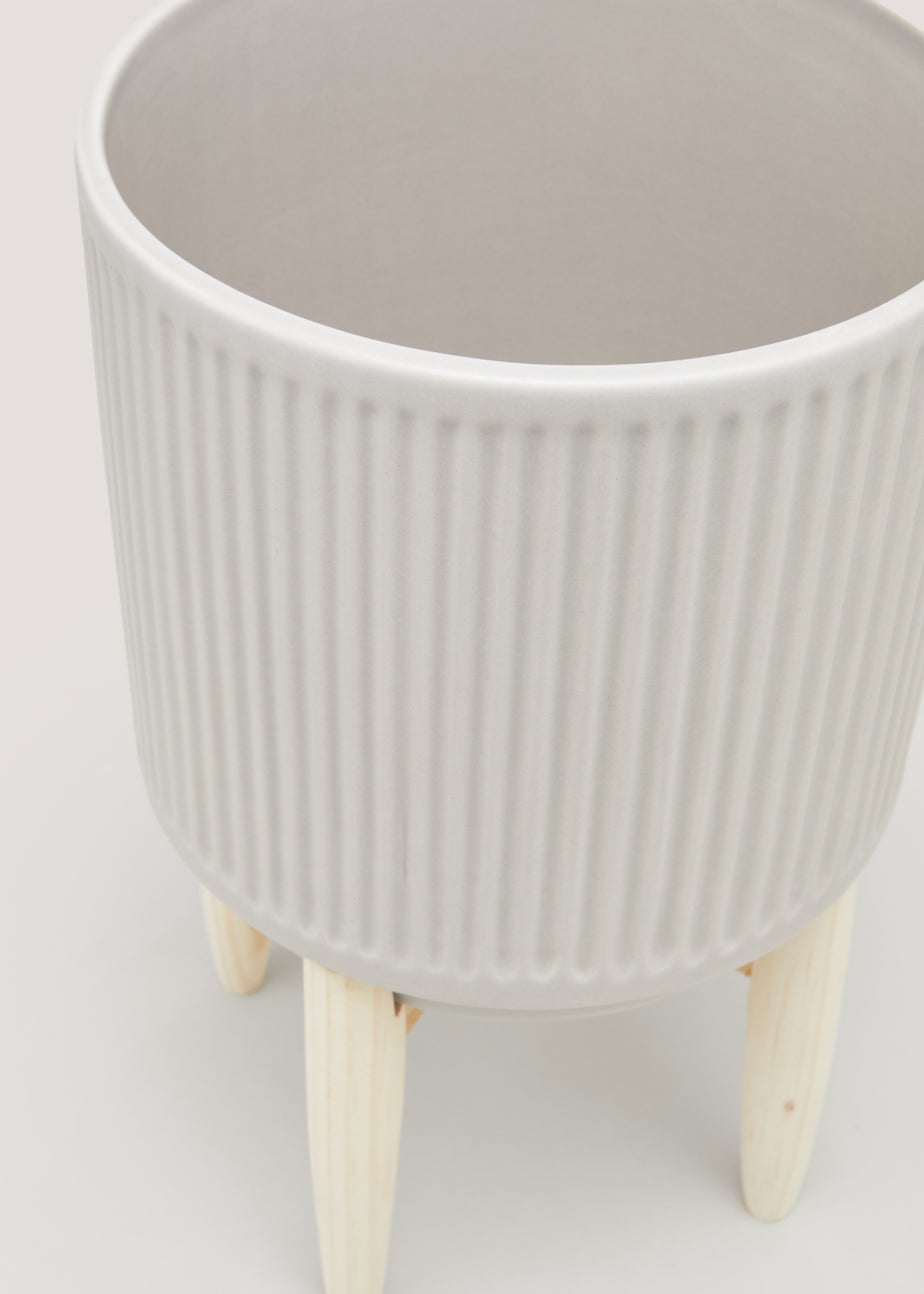 Grey Ribbed Ceramic Planter with Wood Stand (35cm x 16cm)