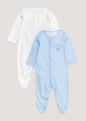 Baby 2 Pack White & Blue Sleepsuits (Newborn-23mths)