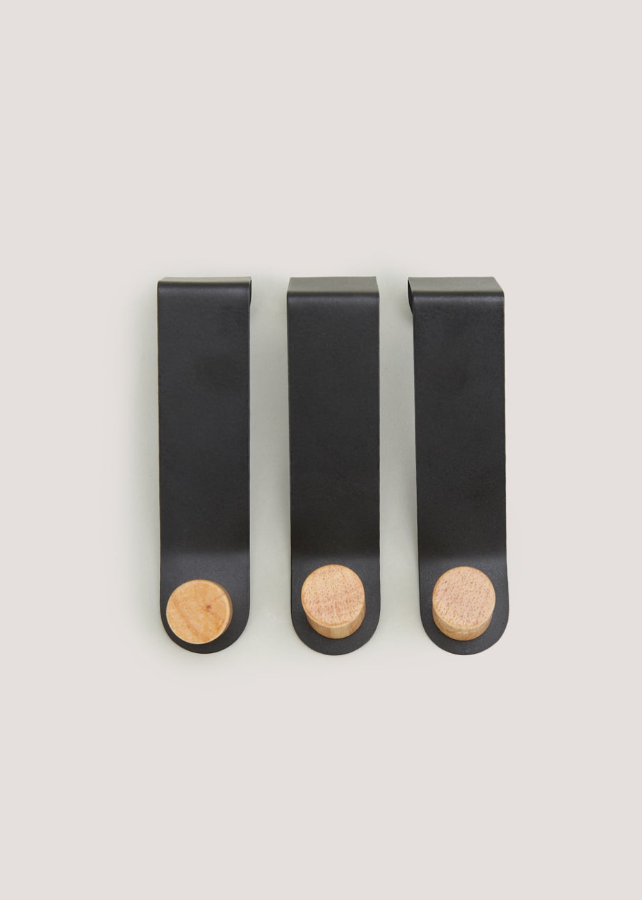 3 Pack Black Metal & Wood Hooks (12cm x 3cm x 3cm)