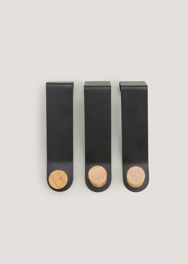 3 Pack Black Metal & Wood Hooks (12cm x 3cm x 3cm)