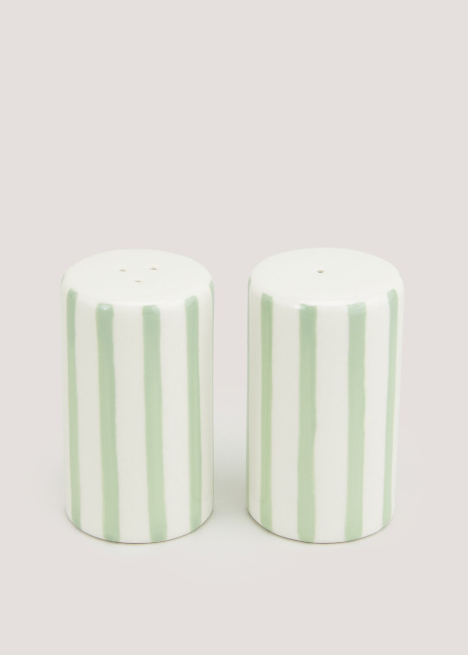 Cream & Green Stripe Salt & Pepper Shakers (7cm x 4cm)