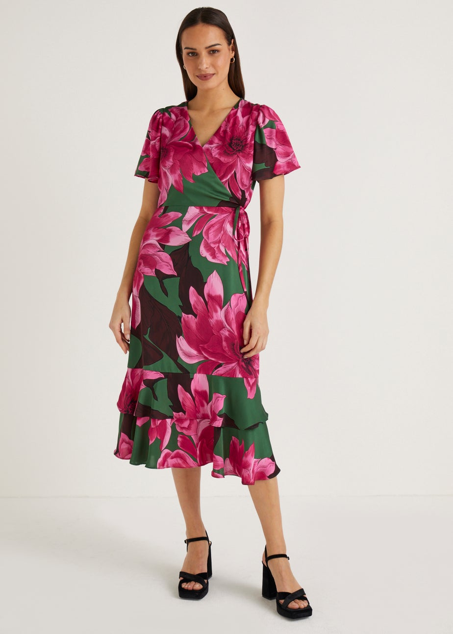 Et Vous Green Floral Satin Wrap Dress