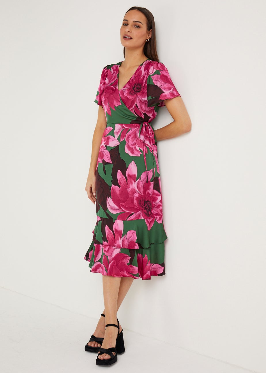 Et Vous Green Floral Satin Wrap Dress