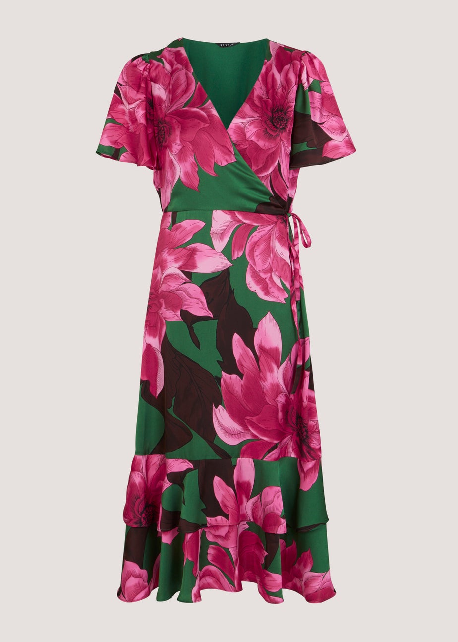 Et Vous Green Floral Satin Wrap Dress