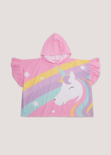 Girls Pink Unicorn Hooded Beach Towel Poncho (9mths-6yrs)