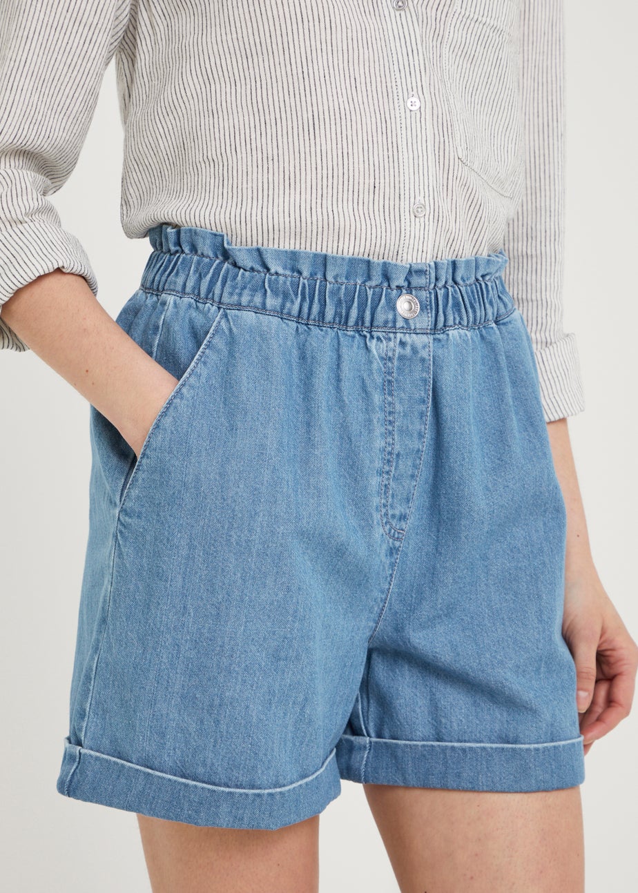 Mid Wash Denim Paperbag Shorts