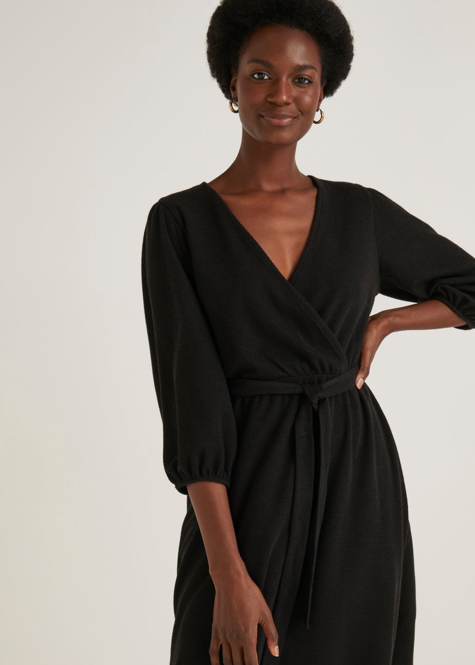 Papaya Petite Black Ribbed Mini Wrap Dress