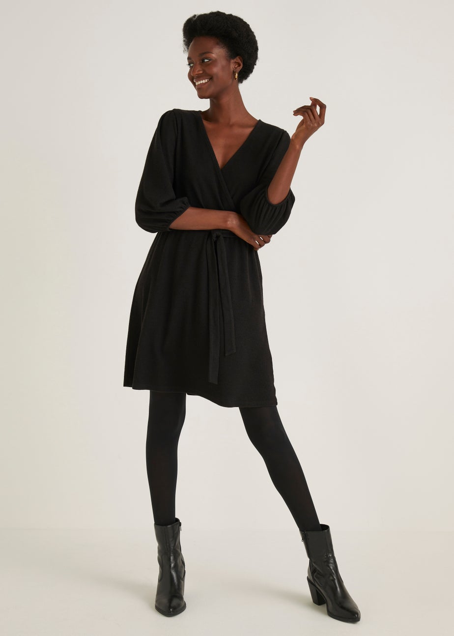 Papaya Petite Black Ribbed Mini Wrap Dress