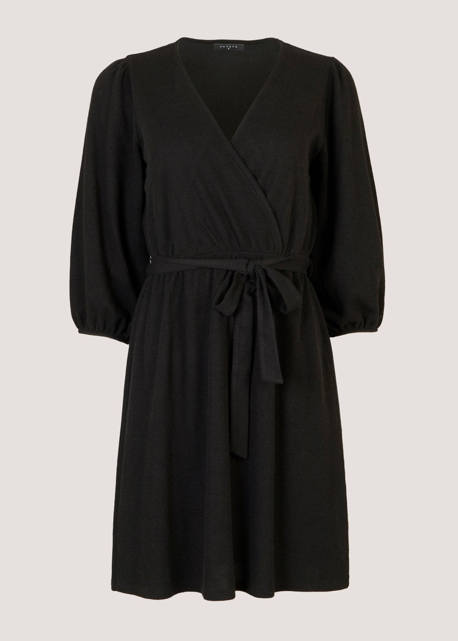 Papaya Petite Black Ribbed Mini Wrap Dress
