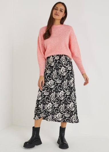Black Floral Flared Midi Skirt