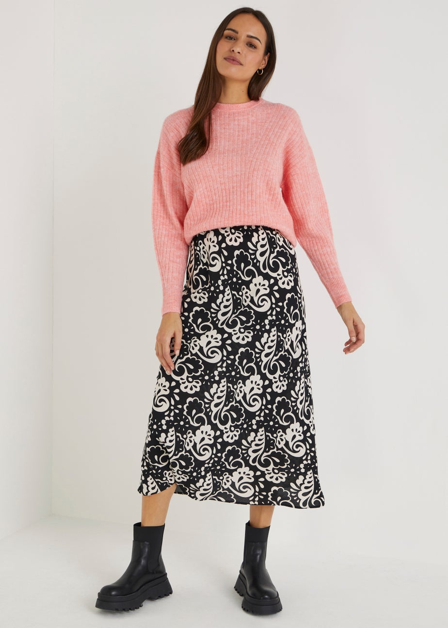 Black Floral Flared Midi Skirt