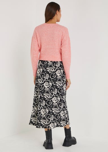 Black Floral Flared Midi Skirt