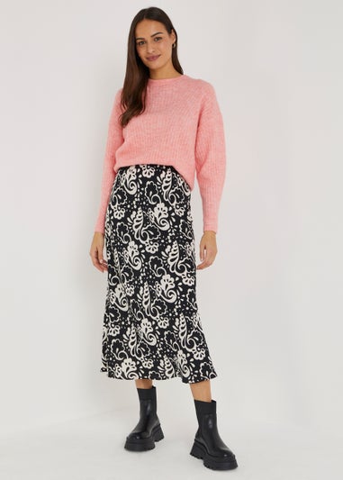 Black Floral Flared Midi Skirt