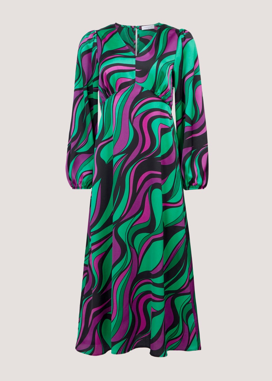 Purple Green Satin Swirl Bubble Midi Dress Matalan