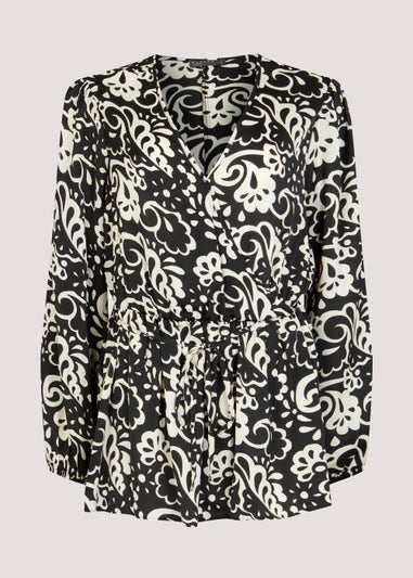 Papaya Curve Black & White Print Wrap Satin Blouse