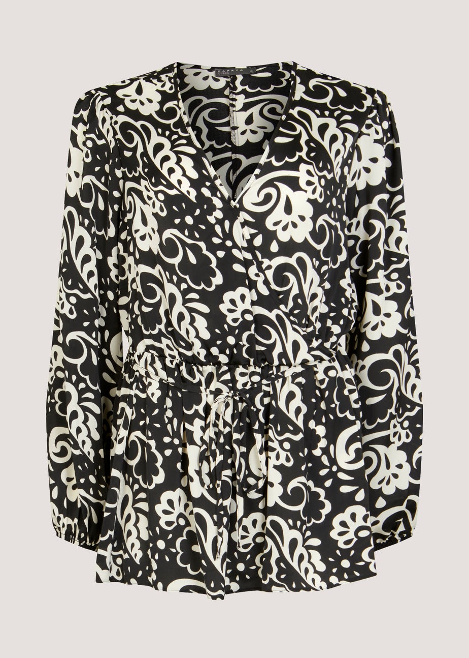 Papaya Curve Black & White Print Wrap Satin Blouse