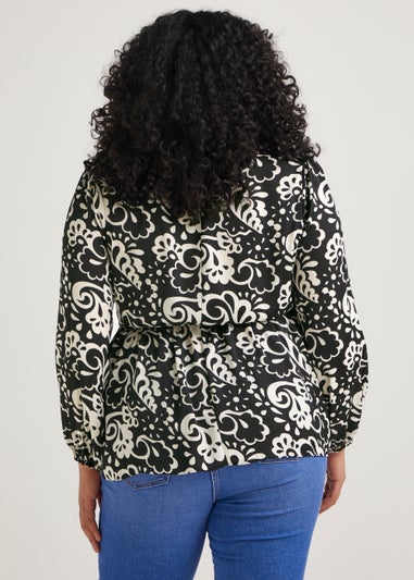 Papaya Curve Black & White Print Wrap Satin Blouse