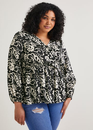 Papaya Curve Black & White Print Wrap Satin Blouse